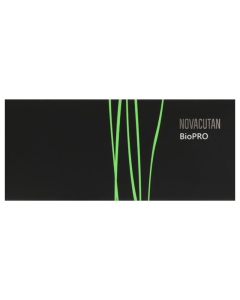 Novacutan BioPro hyaluronic acid has good biocompatibility and affinity for water molecules, but it is a soluble polymer that is rapidly eliminated when injected into normal skin. Consequently, the cross-linked hyaluronic acid gel completely degrades over