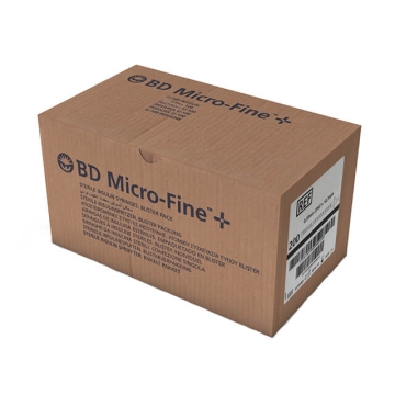 Cardboard box containing 200 single-use BD Micro-Fine+ 0.5ml 29G