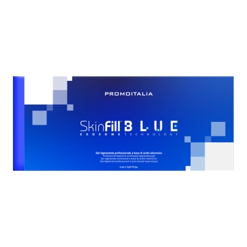 Skinfill Blue is a skin booster composed of a hyper-concentrated mixture of hyaluronic acid with three different molecular weights, enriched with synthetic exosomal structures rich in biomimetic peptides.