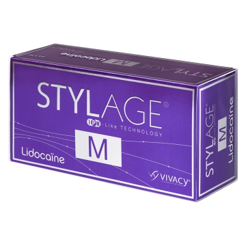 Stylage M Lidocaine a cross-linked hyaluronic acid is used in the mid to deep dermis for filling of medium to deep naso-labial folds, smoothing of wrinkled and sagging areas, marionette lines, cheek wrinkles, hollow temple area, nasal hump reduction or na