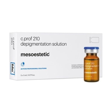 Mesoestetic c.prof 210 depigmentation solution is a powerful combination of active ingredients with corrective action of pigment disorders and anti-oxidant. It regulates melanin production which is responsible for visible pigmentation.
